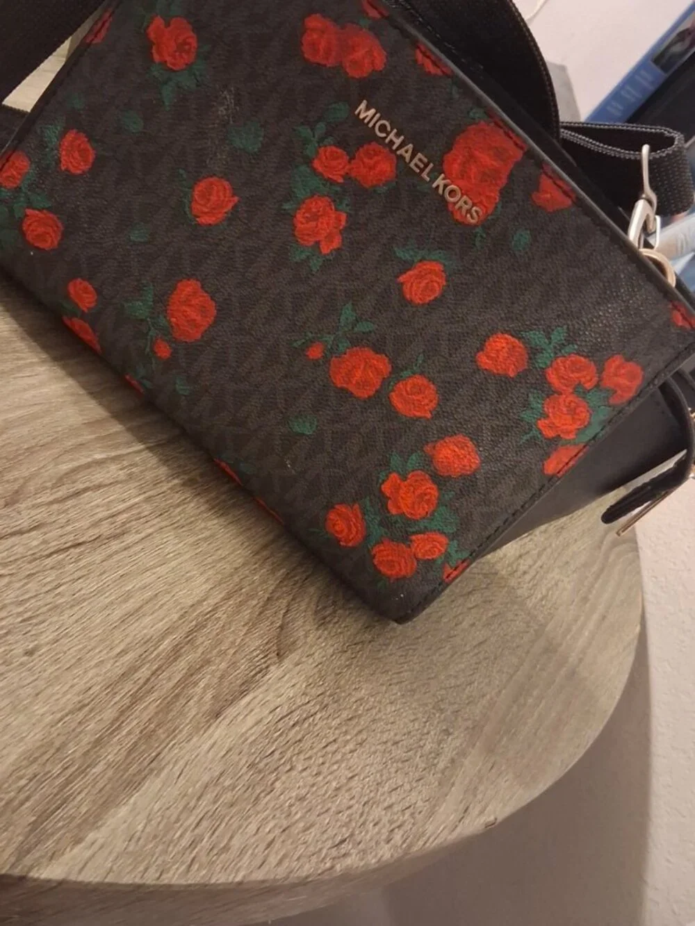 Michael Kors Black Red Rose Floral Signature Crossbody Bag